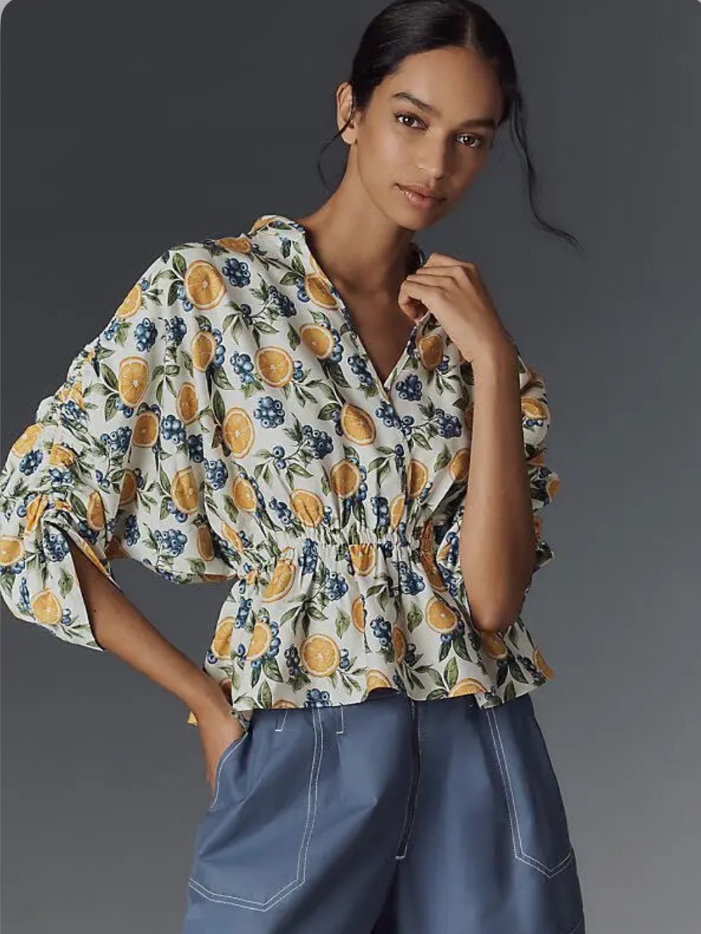 NWOT Maeve Citrus & Berry Print Peplum Blouse with Ruched sleeves